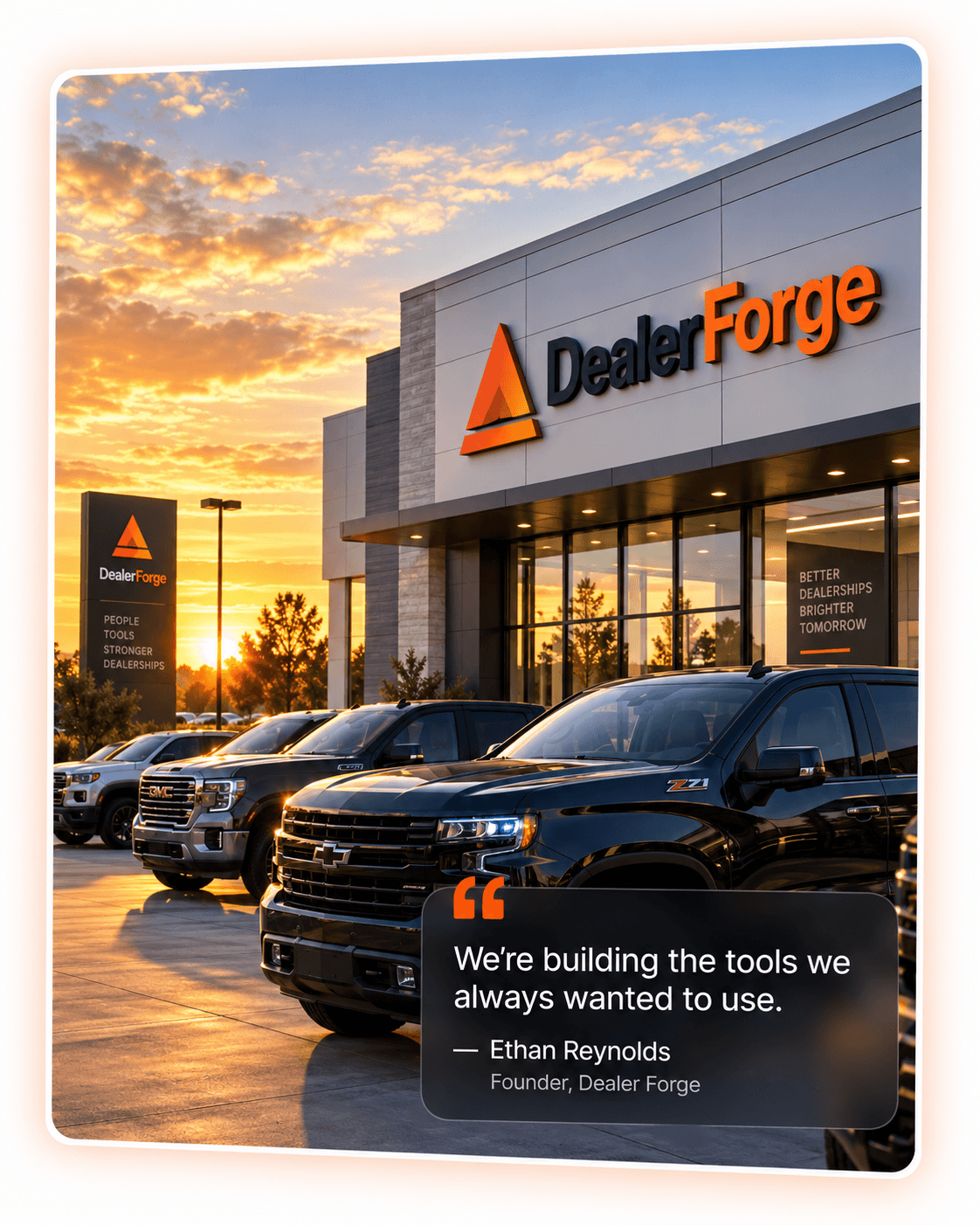 The DealerForge storefront at sunset — ‘We’re building the tools we always wanted to use.’ — Ethan Reynolds, founder