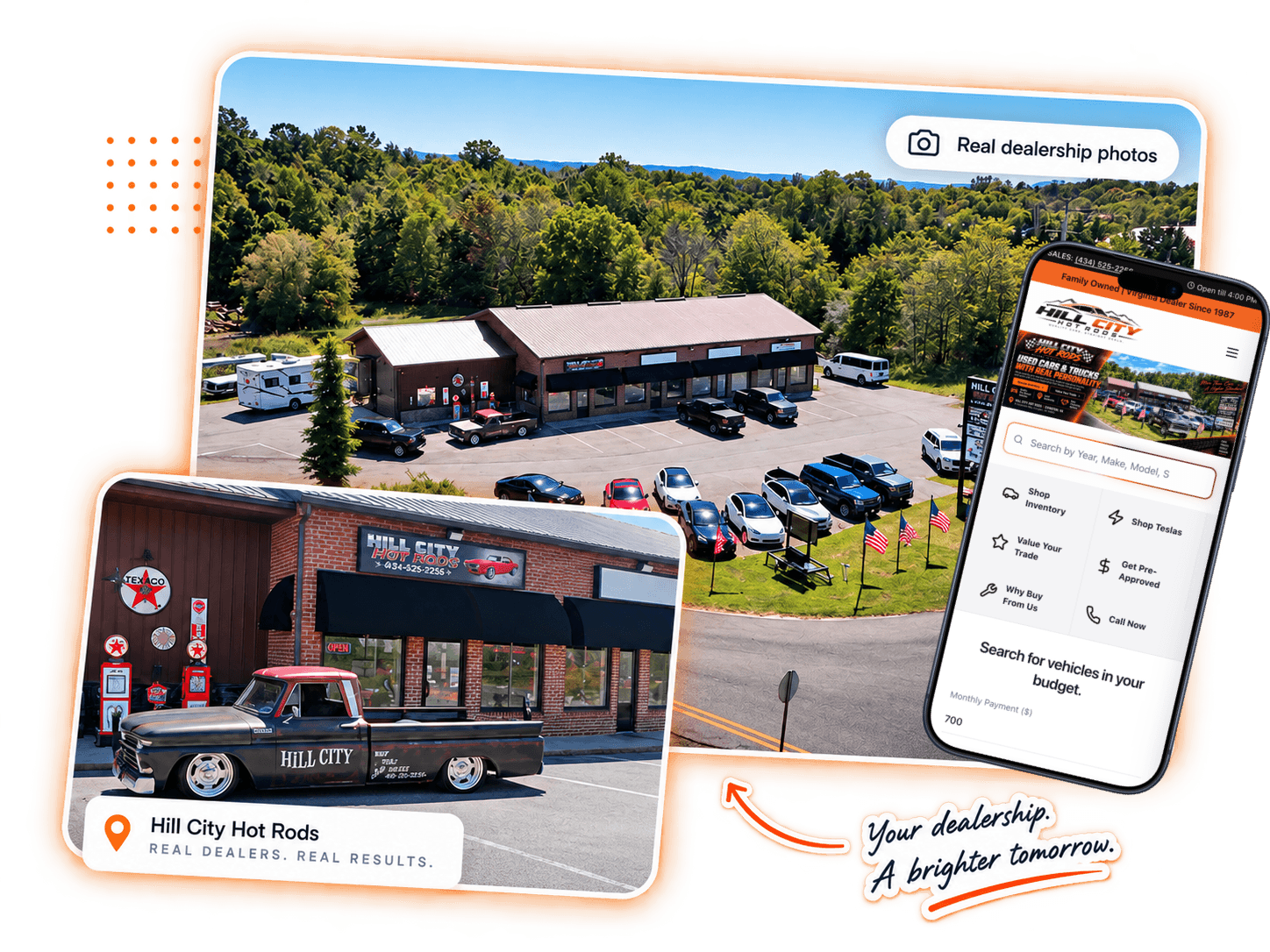 Hill City Hot Rods \u2014 real dealership photos and their DealerForge site on mobile