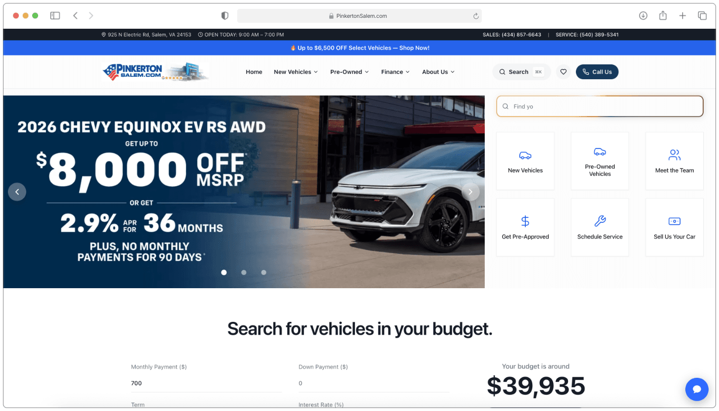 Pinkerton Salem homepage on DealerForge