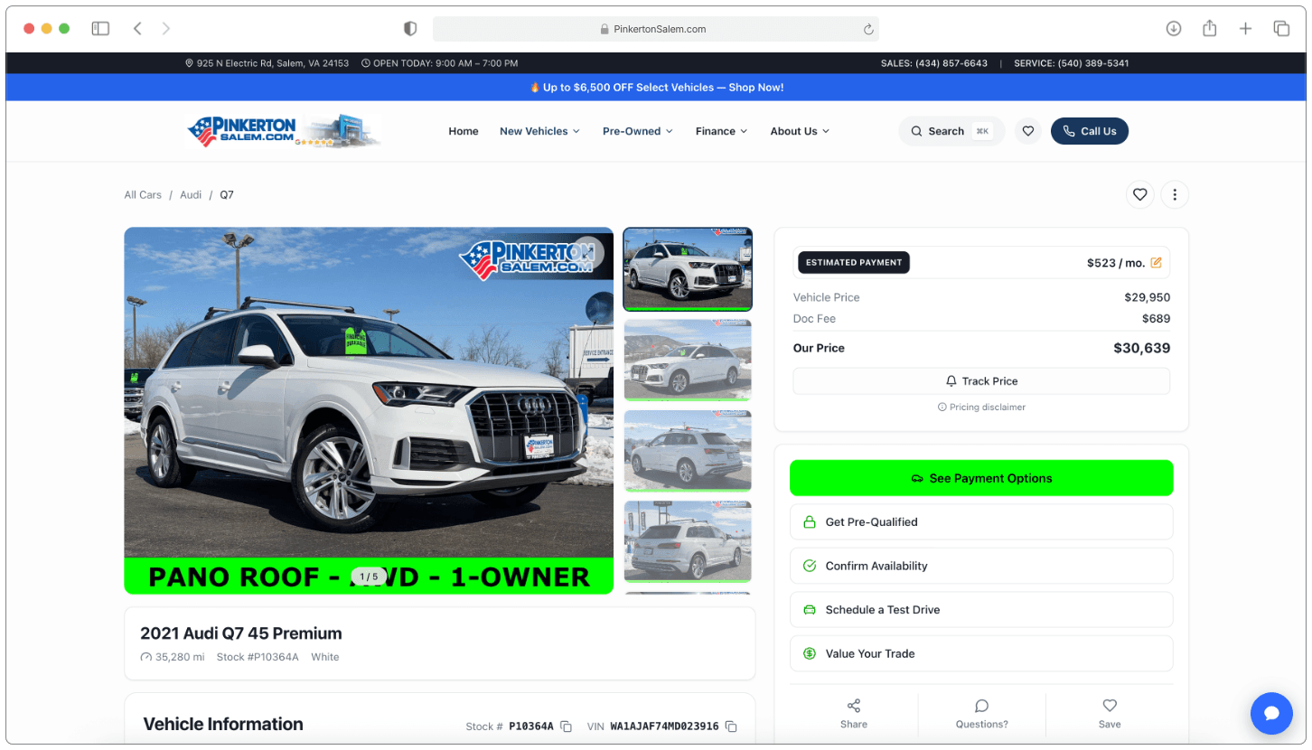 Vehicle detail page for a 2021 Audi Q7 at Pinkerton Salem