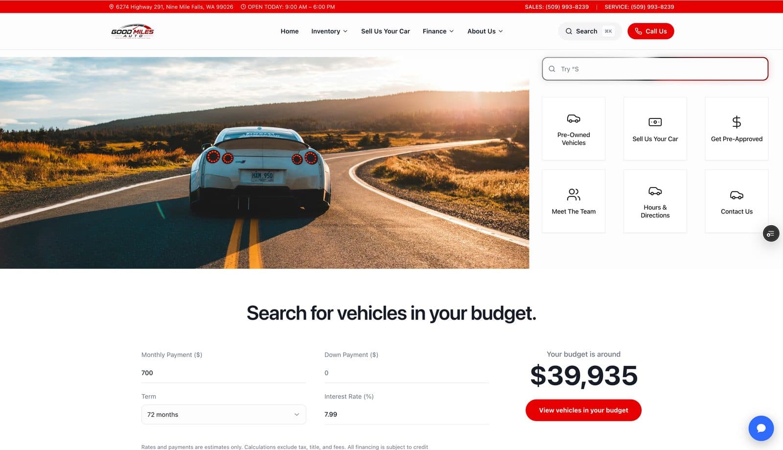 Good Miles Auto homepage on desktop — hero, quick actions, and budget-based vehicle search