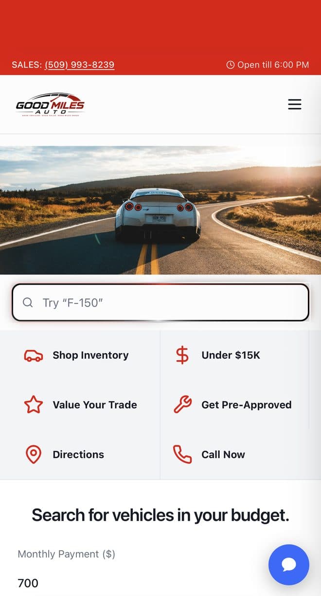 Good Miles Auto on mobile — mobile-first layout with click-to-call and quick actions