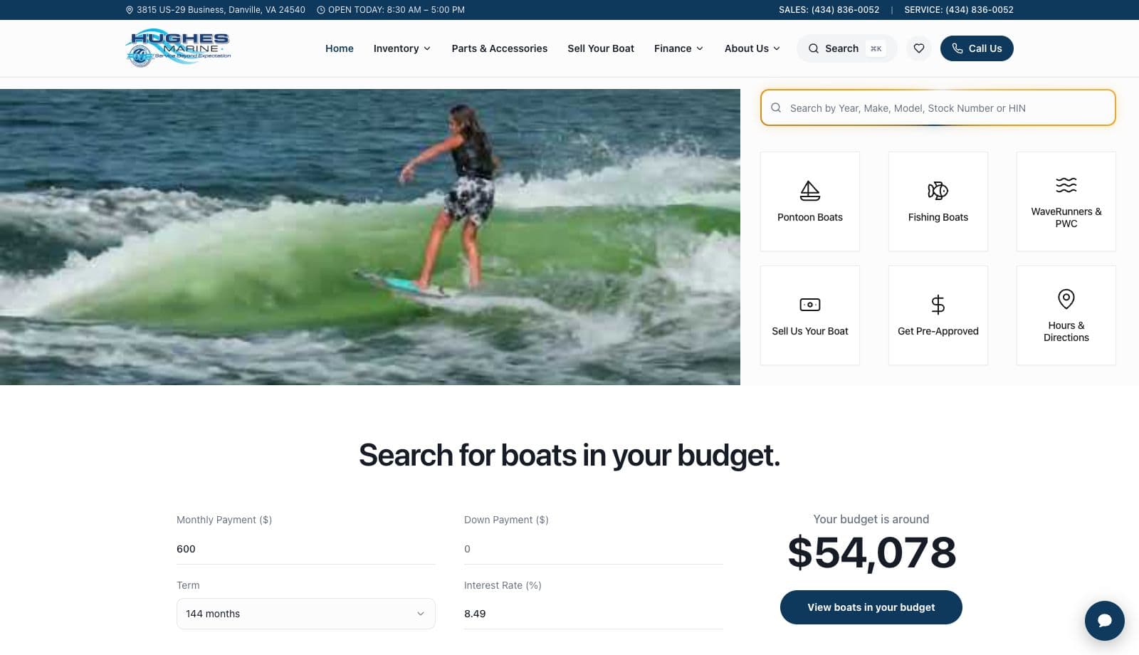 Hughes Marine homepage on desktop — hero, quick actions, and budget-based vehicle search
