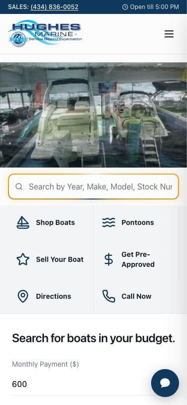 Hughes Marine on mobile — mobile-first layout with click-to-call and quick actions