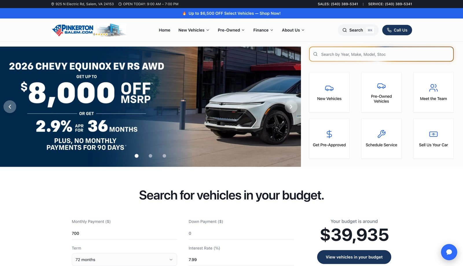 Pinkerton Chevrolet homepage on desktop — hero, quick actions, and budget-based vehicle search