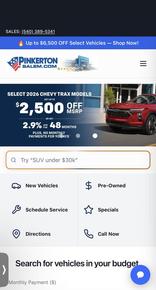 Pinkerton Chevrolet on mobile — mobile-first layout with click-to-call and quick actions