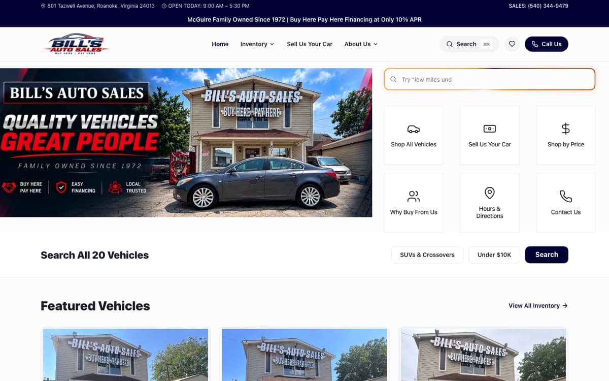 Bill’s Auto Sales website on DealerForge