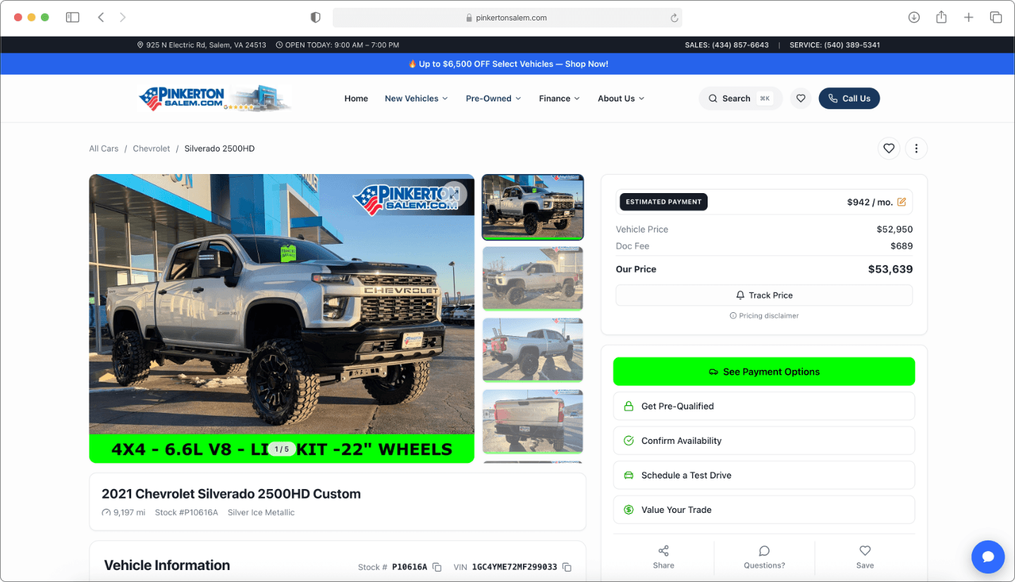 A DealerForge vehicle detail page — 2021 Chevrolet Silverado 2500HD at Pinkerton of Salem