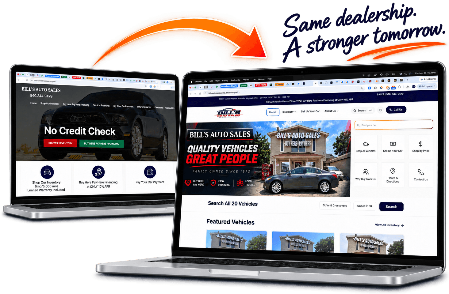 Bill\u2019s Auto Sales\u2019 old website next to their new DealerForge site \u2014 same dealership, a stronger tomorrow