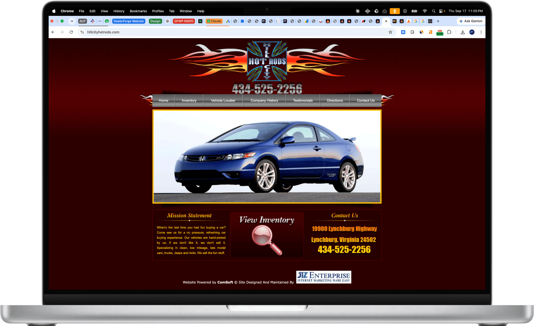 Hill City Hot Rods' previous website by JTZ Enterprise — dark flame-graphic design with a small photo slider