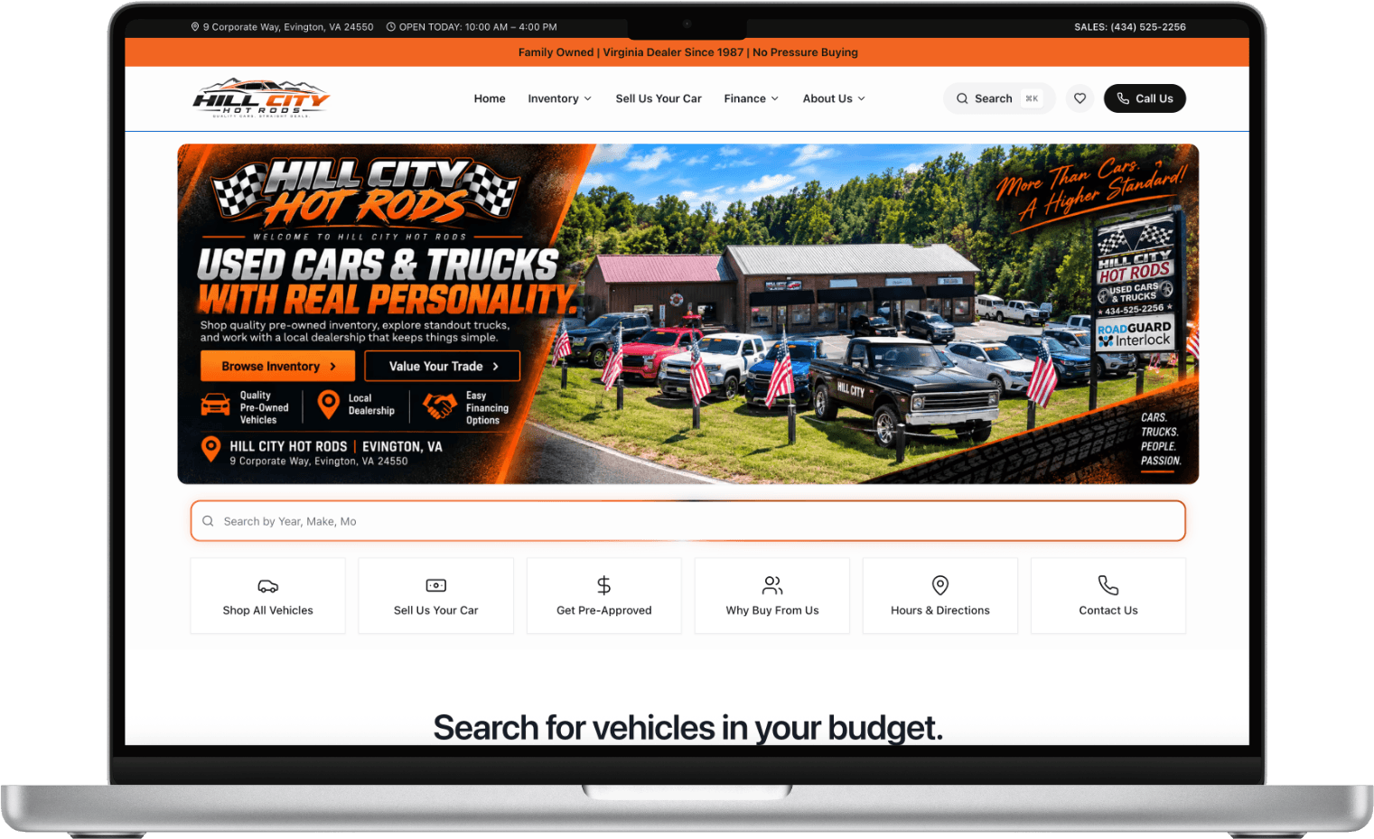 Hill City Hot Rods' new DealerForge website — modern hero, searchable live inventory, financing and trade-in flows