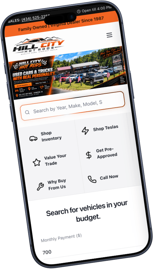 The same dealership website on a phone