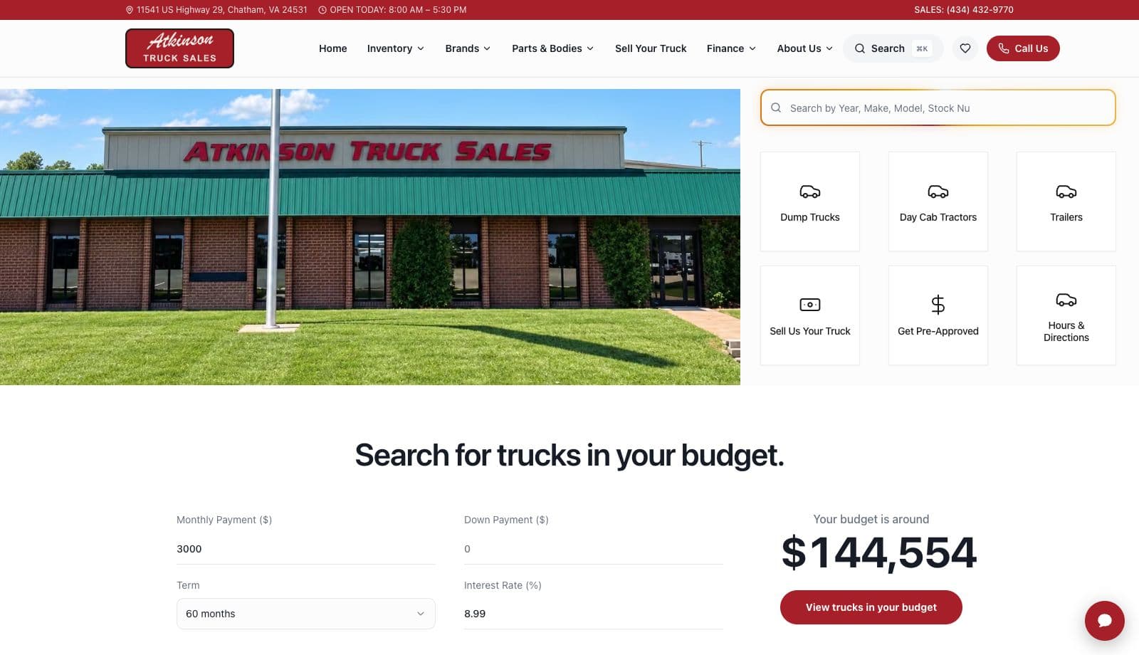 Atkinson Truck Sales homepage on desktop — hero, quick actions, and budget-based vehicle search