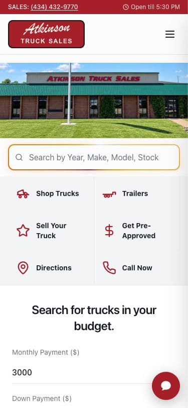 Atkinson Truck Sales on mobile — mobile-first layout with click-to-call and quick actions