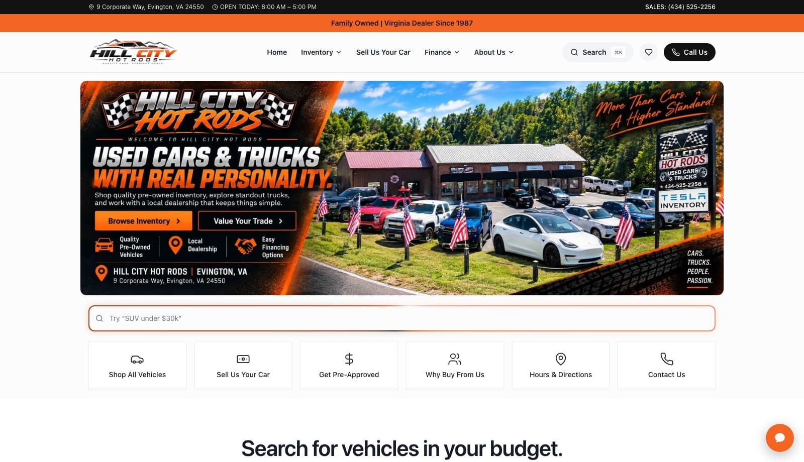Hill City Hot Rods homepage on desktop — hero, quick actions, and budget-based vehicle search