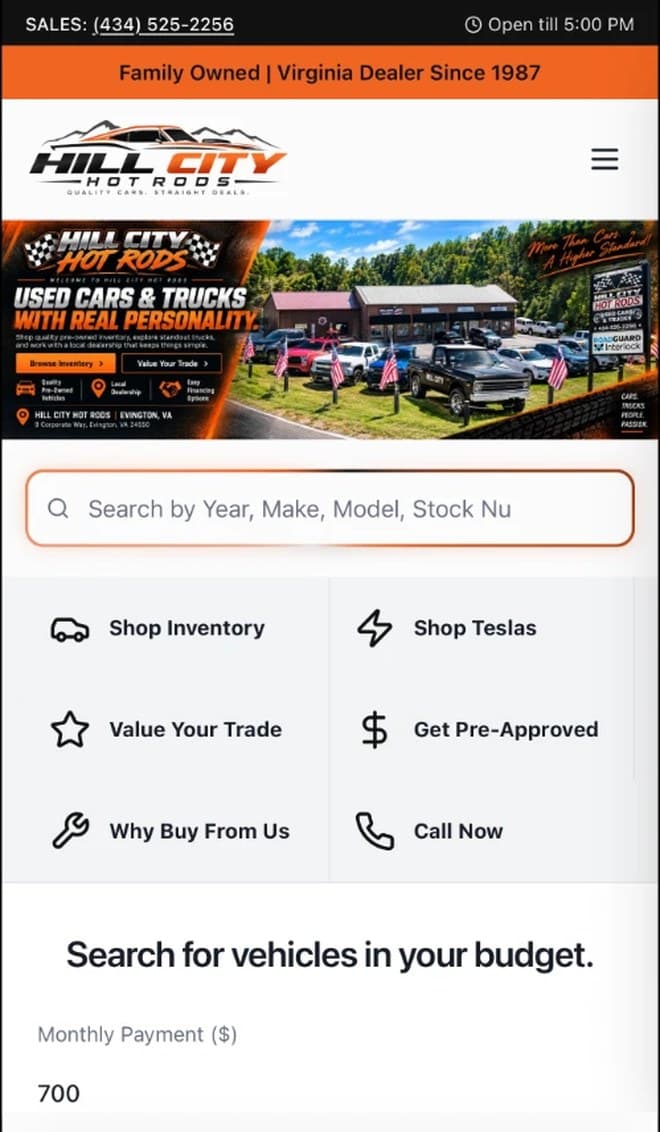 Hill City Hot Rods on mobile — mobile-first layout with click-to-call and quick actions